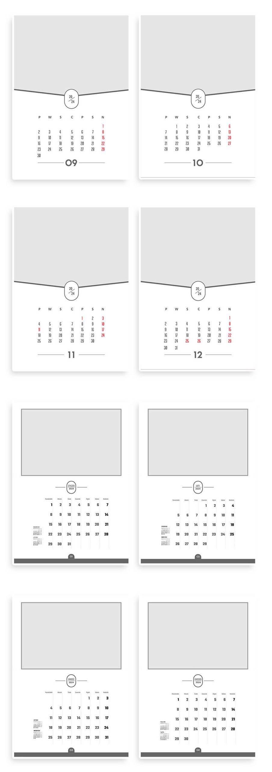 Projekty foto kalendarzy ze zdjęciem szablony A3 rok 2024