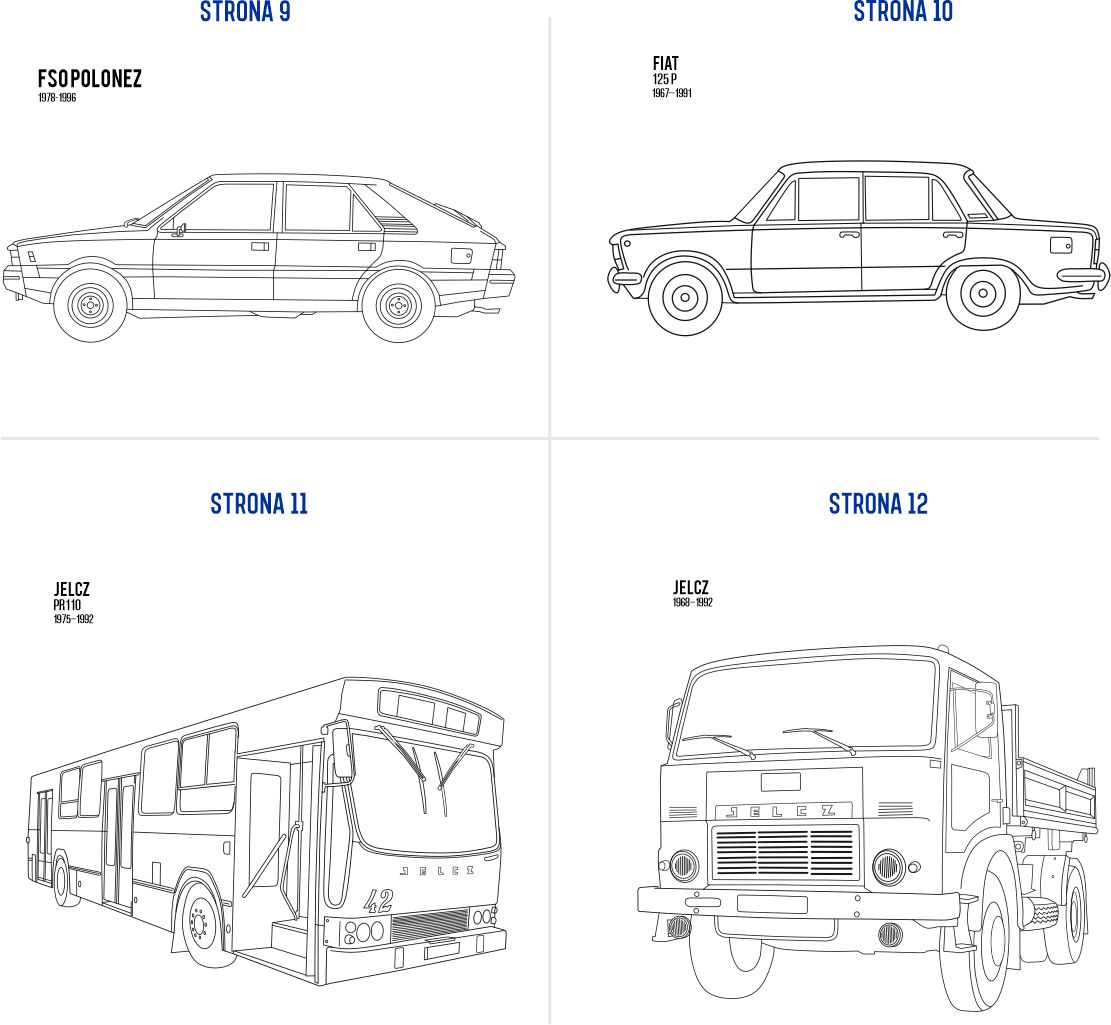 kolorowanka Polonez, Fiat 125p, Autobus Jelcz, Ciężarówka